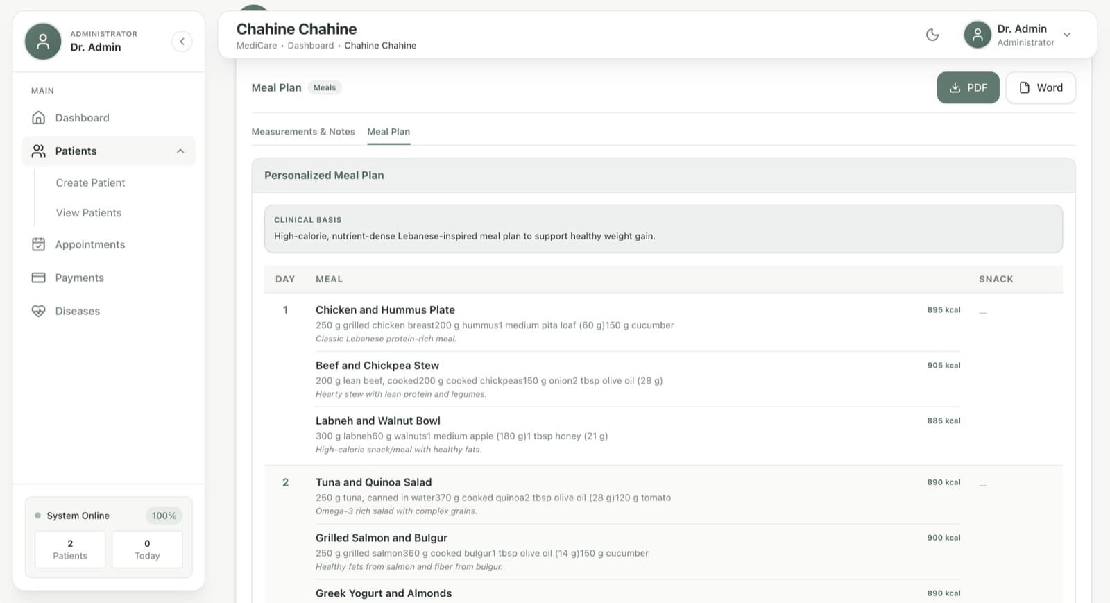 AI Dietitian platform generating a meal plan, built by KreativeBrains