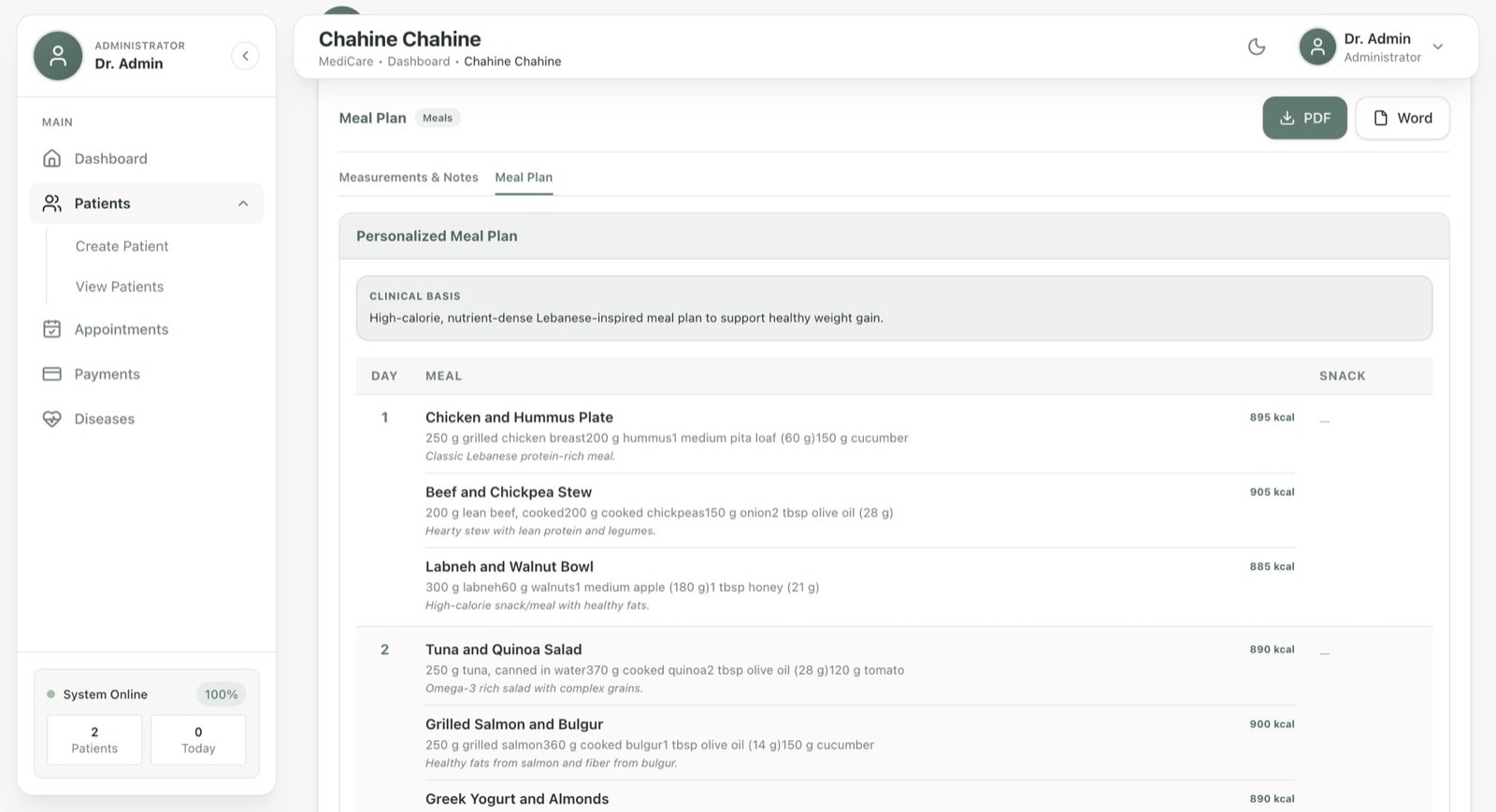 AI Dietitian platform generating a meal plan, built by KreativeBrains